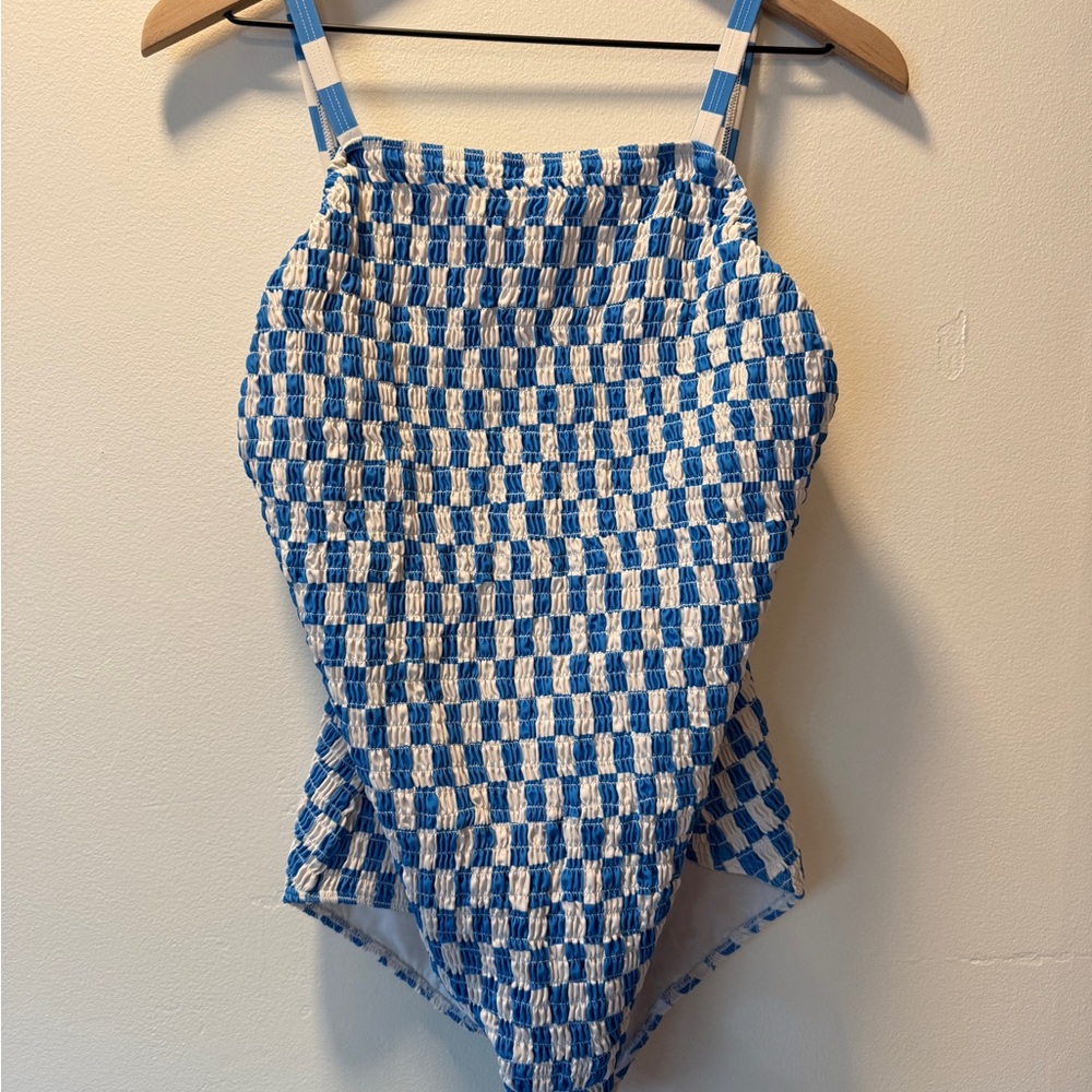 Albion Smocked Blue and White Checkered Swimsuit XL Like New